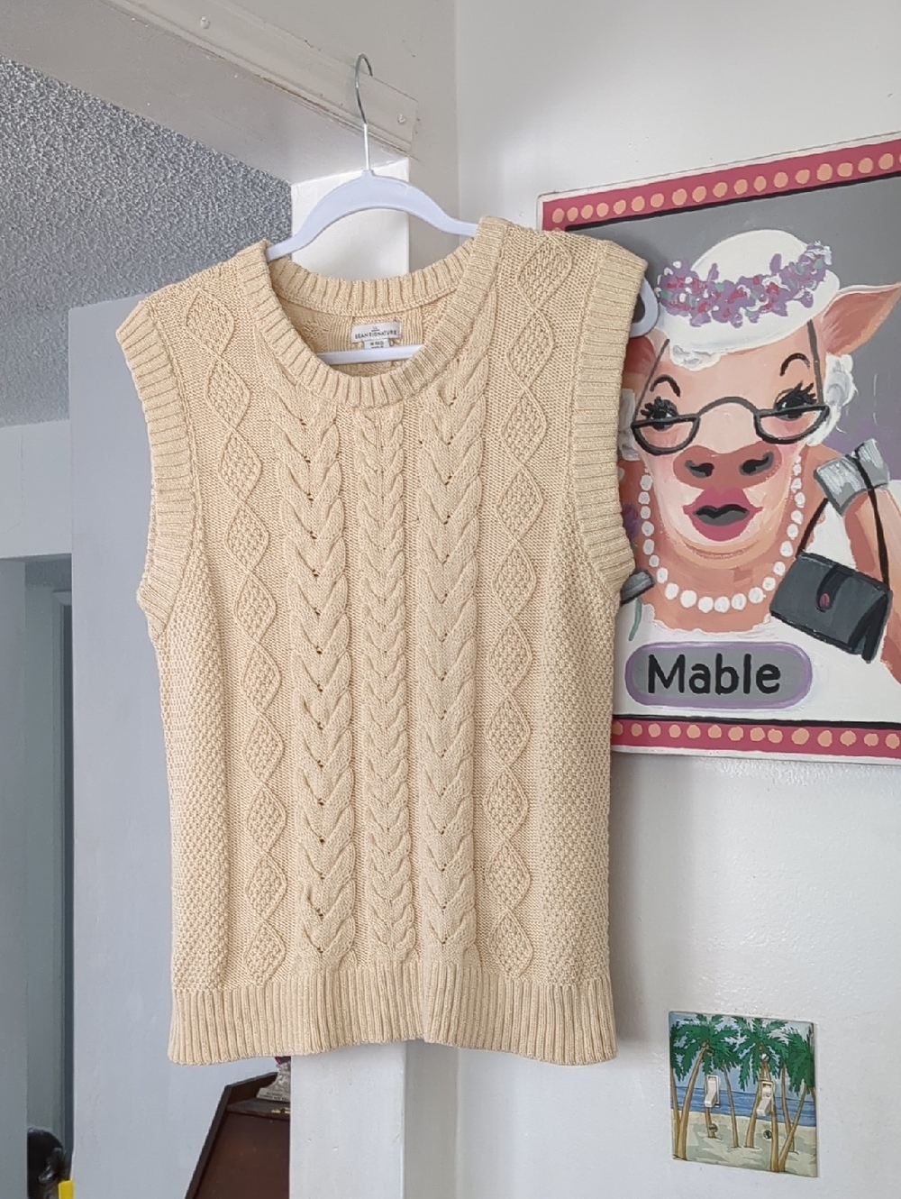 🌴 LL Bean Academia Preppy Cream Cable Knit 100% COTTON Sweater Vest Sz Med